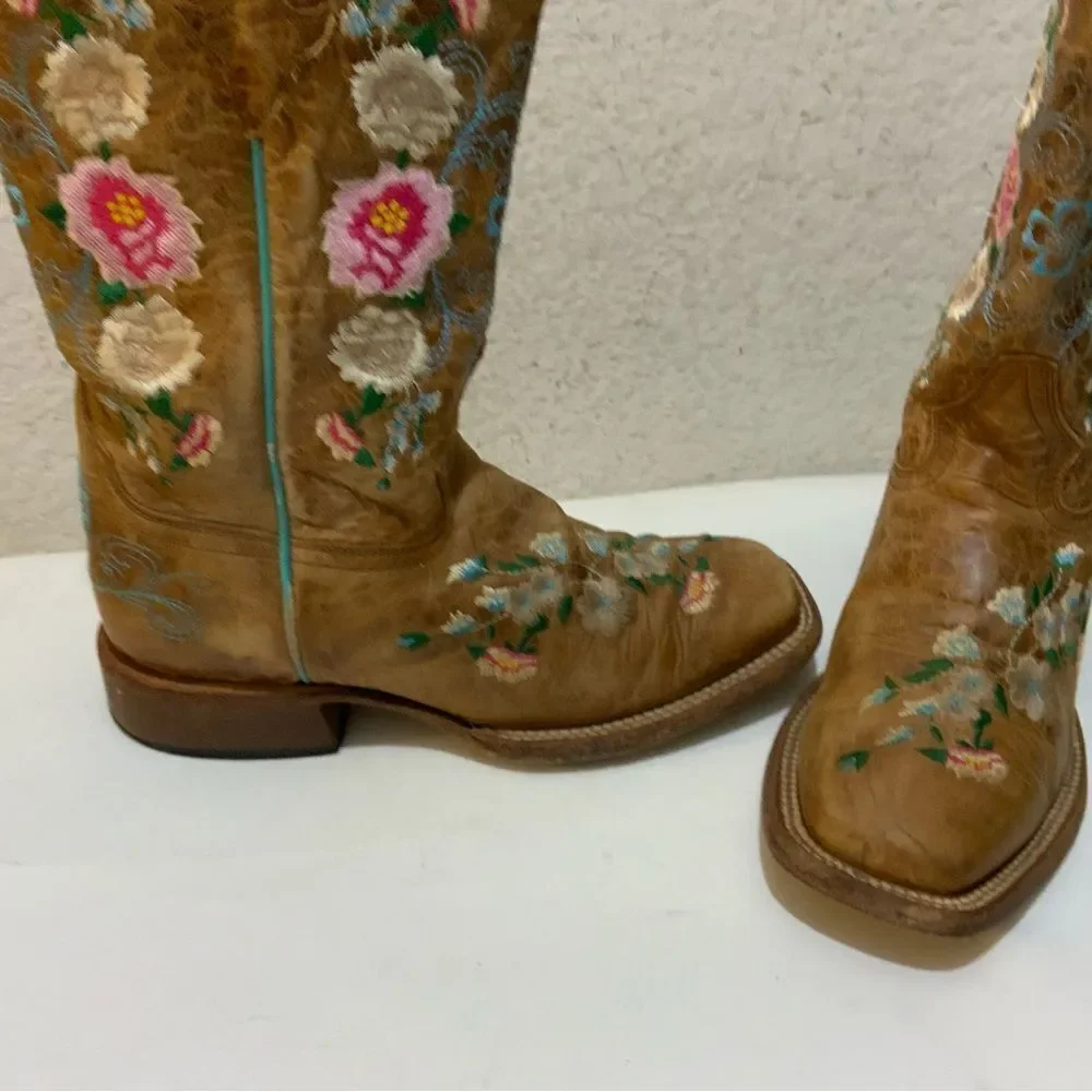 Macie Bean Boots Girls SZ 3 Floral Rose Garden Cowgirl Brown Leather